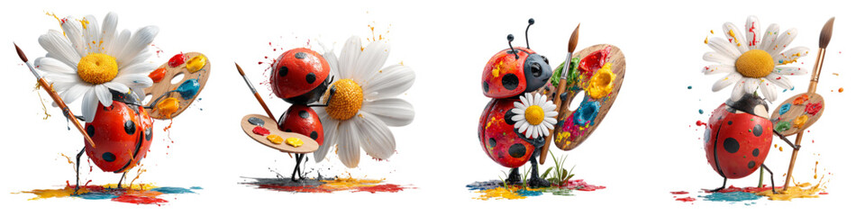 Adorable ladybug artists creating colorful masterpieces with daisies and paint palettes, a whimsical illustration perfect for children's books and creative projects
