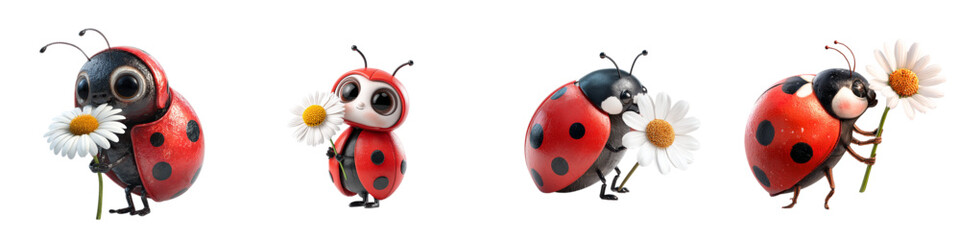Charming ladybug collection with daisy flowers, ideal for spring themes and children's designs, bringing a touch of nature's joy to your project with delightful characters