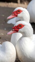 Two white ducks with red beaks