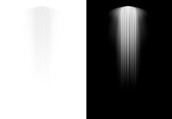 Realistic transparent spotlight effect. A bright, glowing light beam with rays. PNG design element for stage, studio, or gallery illumination.