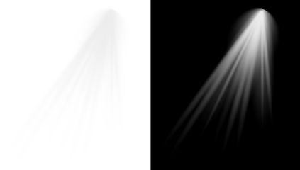 Realistic transparent spotlight effect. A bright, glowing light beam with rays. PNG design element for stage, studio, or gallery illumination.