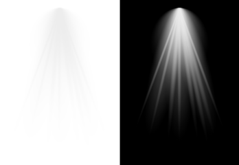 Realistic transparent spotlight effect. A bright, glowing light beam with rays. PNG design element for stage, studio, or gallery illumination.