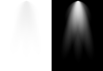 Realistic transparent spotlight effect. A bright, glowing light beam with rays. PNG design element for stage, studio, or gallery illumination.