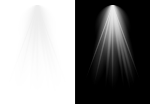 Realistic transparent spotlight effect. A bright, glowing light beam with rays. PNG design element for stage, studio, or gallery illumination.