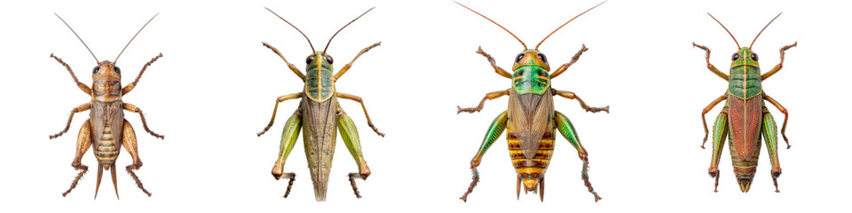 Four vibrant, detailed grasshoppers showcase insect diversity, perfect for educational resources and nature-themed designs and adds a touch of nature's beauty