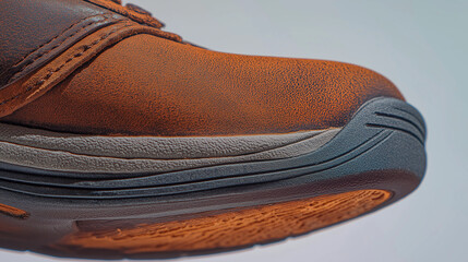 heel. Close-up of a worn leather hiking boot heel showing inner material and texture. lifestyle magazines, social media lookbooks, designed for lifestyle magazines and social media content.