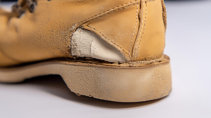 heel. Close-up of a worn leather hiking boot heel showing inner material and texture. lifestyle magazines, social media lookbooks, designed for lifestyle magazines and social media content.