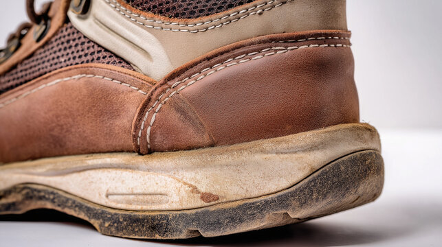 heel. Close-up of a worn leather hiking boot heel showing inner material and texture. lifestyle magazines, social media lookbooks, designed for lifestyle magazines and social media content.