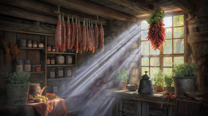 cured. Rustic kitchen with hanging cured meats and red peppers. menu design, packaging mockups, designed for food delivery and cloud-kitchen brand materials, used by curriculum designers.