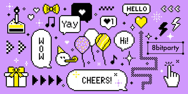 Pixel birthday speech bubbles with text Cheers,Yay, Wow. Partying emoticon face with party horn. Retro 8 bit gaming style celebration dialogue boxes, party icons with sparkles on purple background