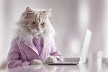 A professional feline working on a laptop, wearing a suit and tie, ready for a day of business, showing intelligence and elegance in a corporate setting.