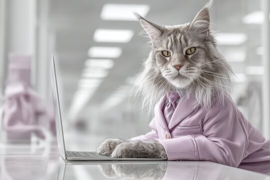 A sophisticated Maine Coon cat in a pink suit works on a laptop in a bright office, showcasing feline professionalism and modern workplace integration with humor.