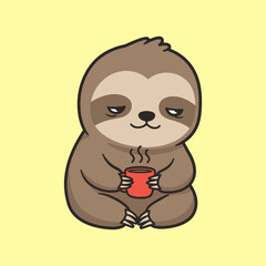 Cute Sleepy Sloth Drinking Coffee Cartoon Illustration.