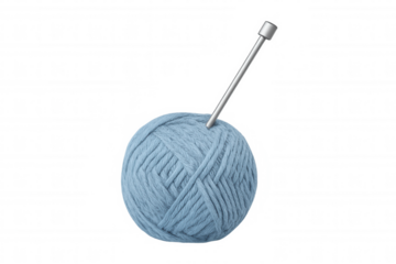 Blue yarn ball with knitting needle, craft hobby supplies, wool for crocheting and knitting, transparent background