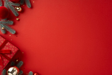 A festive red backdrop frames wrapped presents, pine sprigs, and gold ornaments, evoking Christmas...
