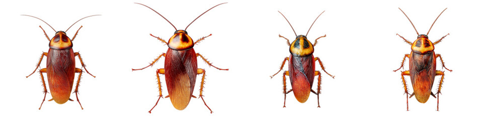 Multiple cockroaches grouped together, perfect for pest control ads, educational materials on insects, or showcasing household pests in an informative and unsettling manner