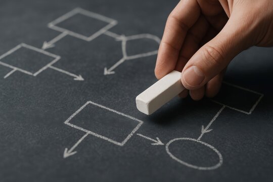 Hand drawing chalk process diagram on blackboard with rectangular boxes 
