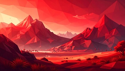 A vibrant, polygonal landscape showcases a red mountain range under a fiery sunset.