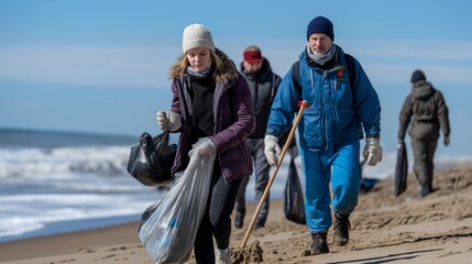 Volunteers clean a beach littered with plastic, promoting environmental awareness and sustainability efforts during a sunny day