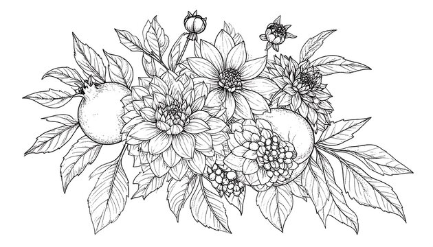 Exquisite Black and White Floral Illustration with Pomegranates and Dahlia