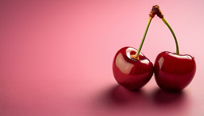 Double Cherry On Pink Bright Background Close Up Copy Space Template