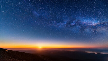 A Photograph Of The Sky Is Filled With Stars And The Sun Is Setting On The Horizon In The Distance