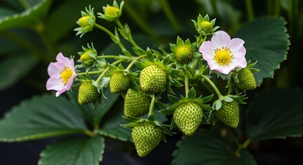 Close up of green strawberries with blossoms on a leafy stem