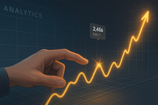 Hand pointing at upward glowing financial analytics line chart with data labels 
