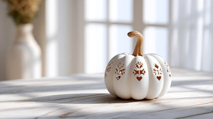 White pumpkin with carved designs on a wooden table in a bright room during sunny afternoon