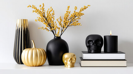 Fall home decor arrangement with pumpkins, skulls, and vases showcasing autumn colors