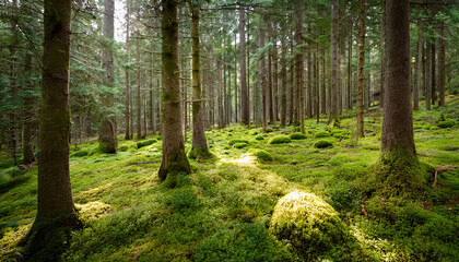 Forest Scene With Moss Covered Evergreen Trees