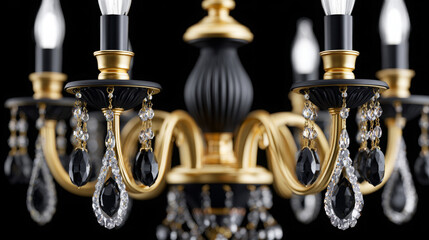 Elegant chandelier with black and crystal accents illuminated against a dark background