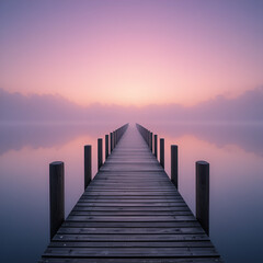 Fototapeta premium minimalist wooden pier stretching into mirrorlike lake waters pink and lavender dawn sky reflected perfectly ethereal morning fog creating depth