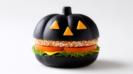 Halloween-themed black burger with sesame bun and pumpkin design served on a clean white background
