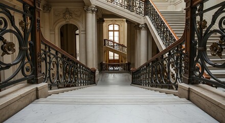 Grand staircase with ornate railings in historic building interior