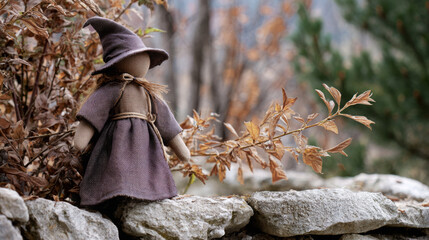 Small handmade doll in a witch outfit stands on a stone wall surrounded by autumn leaves in a serene outdoor setting