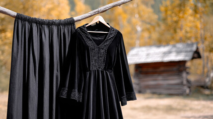 Traditional black dress and skirt displayed outdoors against autumn backdrop in rural setting