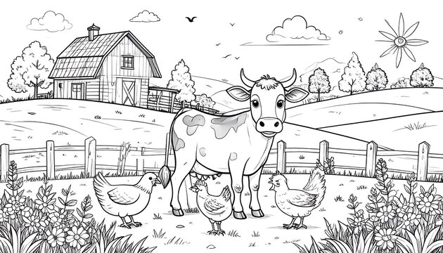 Farm scene with cow, chickens, and a barn depicted in detailed line art