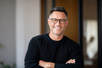 Confident middle-aged man with glasses, smiling with folded arms. He exudes happiness and positivity.
