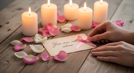 breast cancer awareness Romantic scene with lit candles, rose petals, and a handwritten note tied with a ribbon