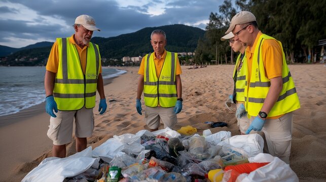 Clean-up crew collects plastic waste from littered beach at sunset in coastal area - Powered by Adobe