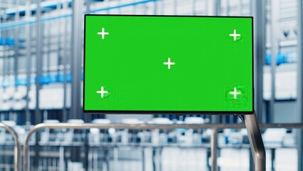 Green screen monitor in industry 4.0 industrial plant used to automate robotic machines. Chroma key display in smart factory used to oversee implementation of AI in facility equipment