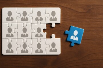 Puzzle with missing piece showing businessperson icon symbolizing recruitment and hiring 
