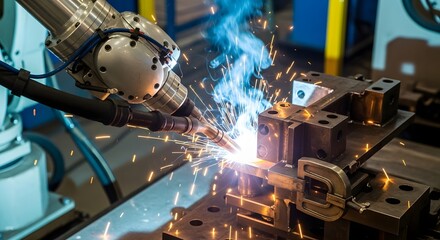  A close-up of a robotic arm welding a piece of metal