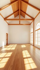 Obraz premium Sunlight Streams through Arched Windows, Illuminating an Empty Room with a Wooden Beam Ceiling and Hardwood Flooring