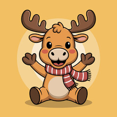 Fototapeta premium A charming and happy cartoon moose wearing a striped scarf invokes warmth and cheer, perfect for children's themes and joyous occasions in a vibrant design.