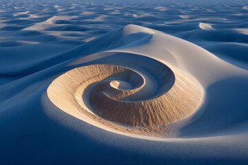Spiral message carved in smooth desert dunes at golden sunrise creating abstract contact us scene