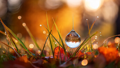 Ai Generated Macro Shot Of A Dew Drop On Grass With A Vibrant Autumnal Bokeh Background