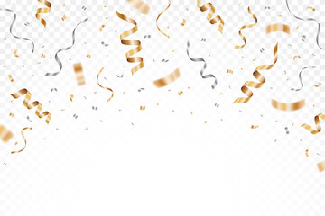 Gold and silver confetti celebration party isolated on a transparent background. Falling golden ribbon for carnival, New Year, birthday and festival. Confetti explosion on white. Vector illustration