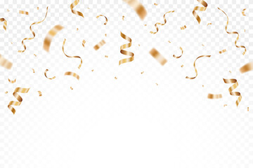 Gold confetti celebration party isolated on a transparent background. Falling golden ribbon for carnival, New Year, birthday and festival. Confetti explosion on white backdrop. Vector illustration